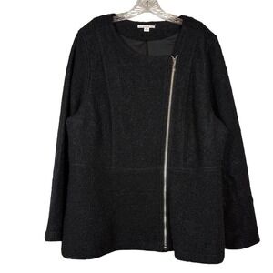 Isaac Mizrahi Black Wool Blend Jacket, Asymmetrical Zipper, Silver Hardware, XL
